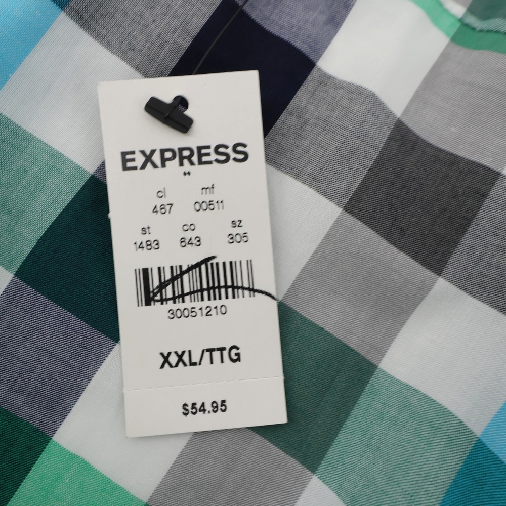 NEW Express‎ Fitted Plaid Button Down Shirt Green Blue Mens XXL - Picture 5 of 8